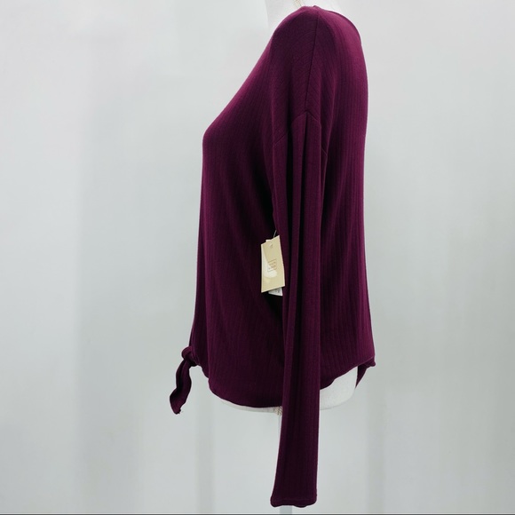 14th & Union Long Sleeve Top Ribbed Burgundy Fig Button Tie Front Medium P - Picture 4 of 9
